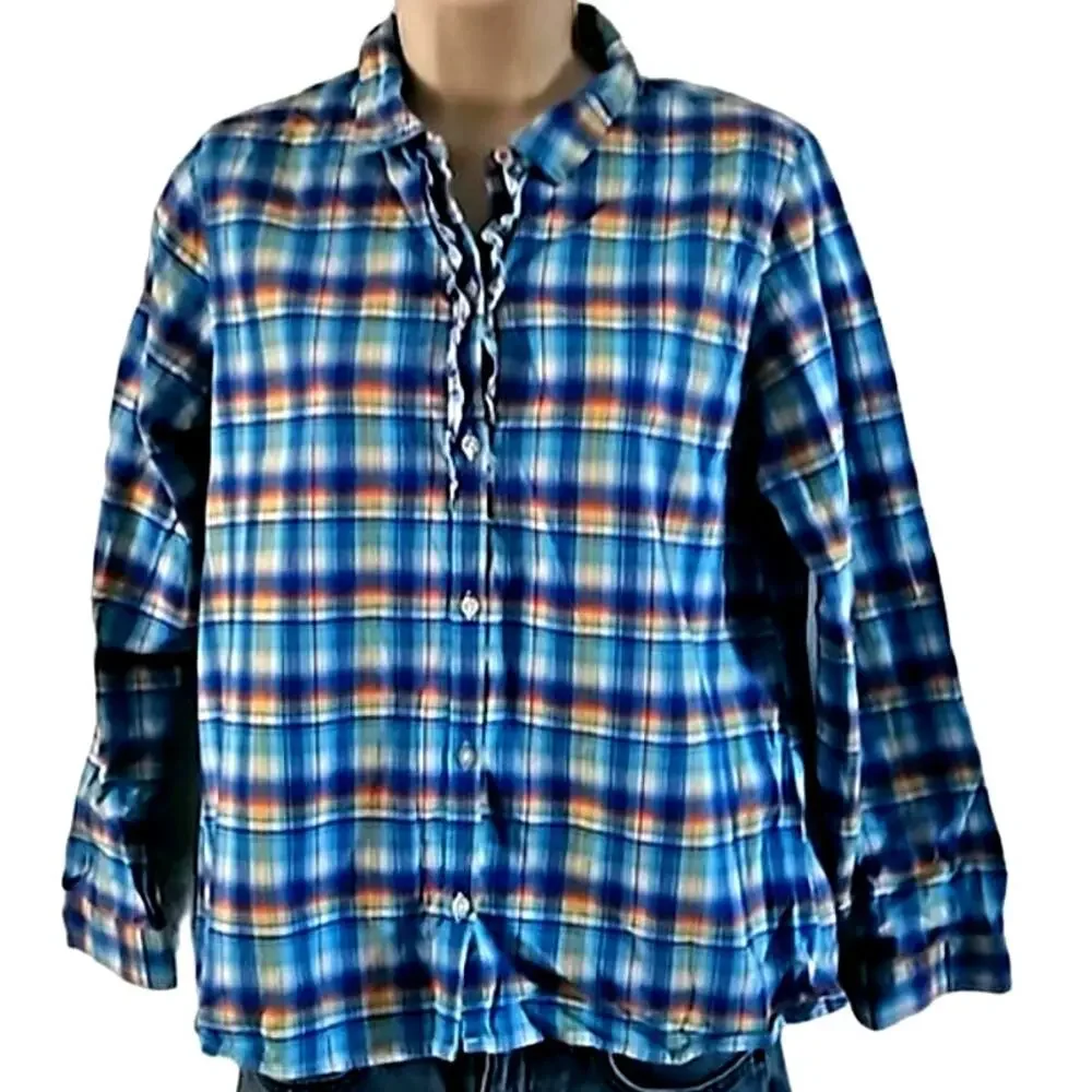 Lands' End Kids Girls Plaid Button-Up Shirt with Ruffle Collar - Size 16